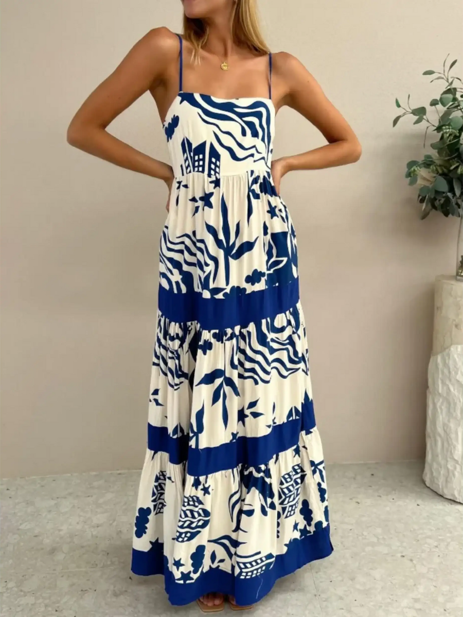 Trendsi blue and white beach dress maxi style with spaghetti straps and bold wave patterns