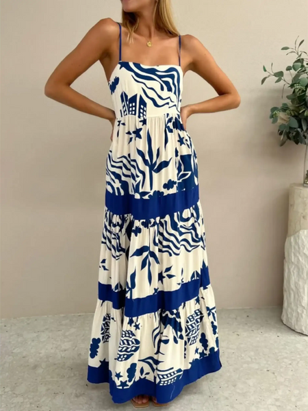 Trendsi blue and white beach dress maxi style with spaghetti straps and bold wave patterns