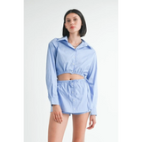 Emory Park blue and white cotton beach top with long sleeves and button-down front