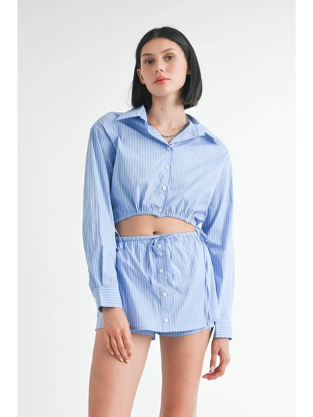 Emory Park blue and white cotton beach top with long sleeves and button-down front