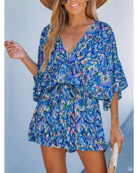 Babe Beachwaer blue batwing romper for travel with colorful abstract pattern and drawstring waist