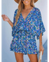 Babe Beachwaer blue batwing romper for travel with colorful abstract pattern and drawstring waist