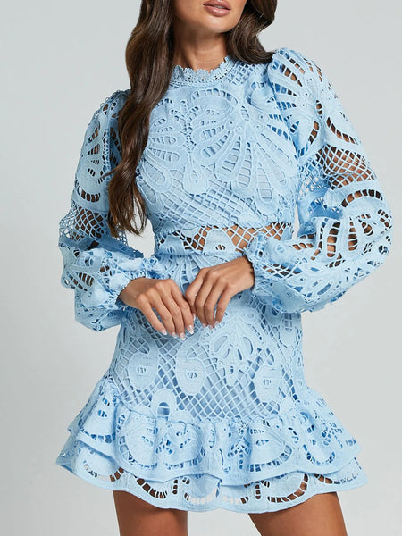 Babe Beachwear light blue lace mini dress with long sleeves and ruffled hem