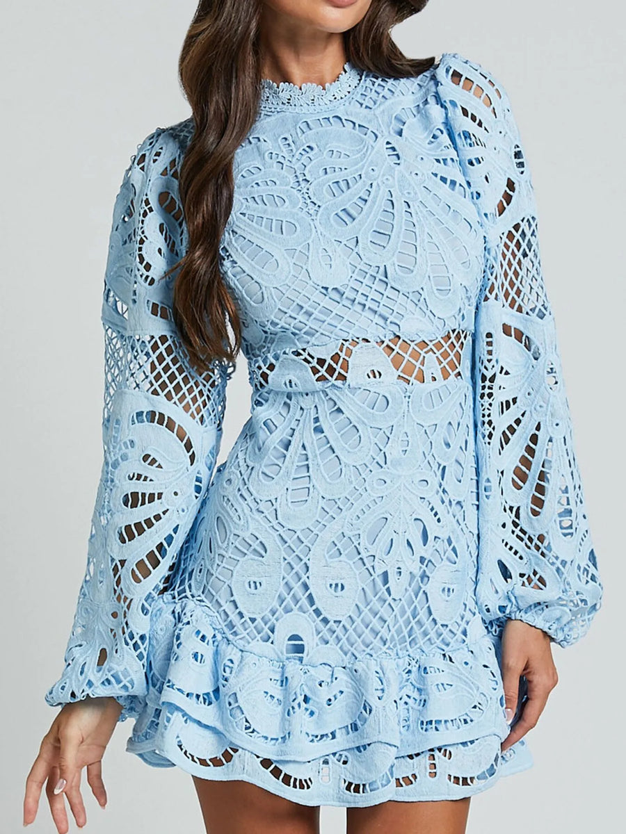 Babe Beachwear white lace mini cocktail dress with long sleeves and ruffle hem