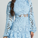 Babe Beachwear white lace mini cocktail dress with long sleeves and ruffle hem