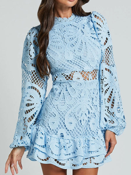 Babe Beachwear white lace mini cocktail dress with long sleeves and ruffle hem