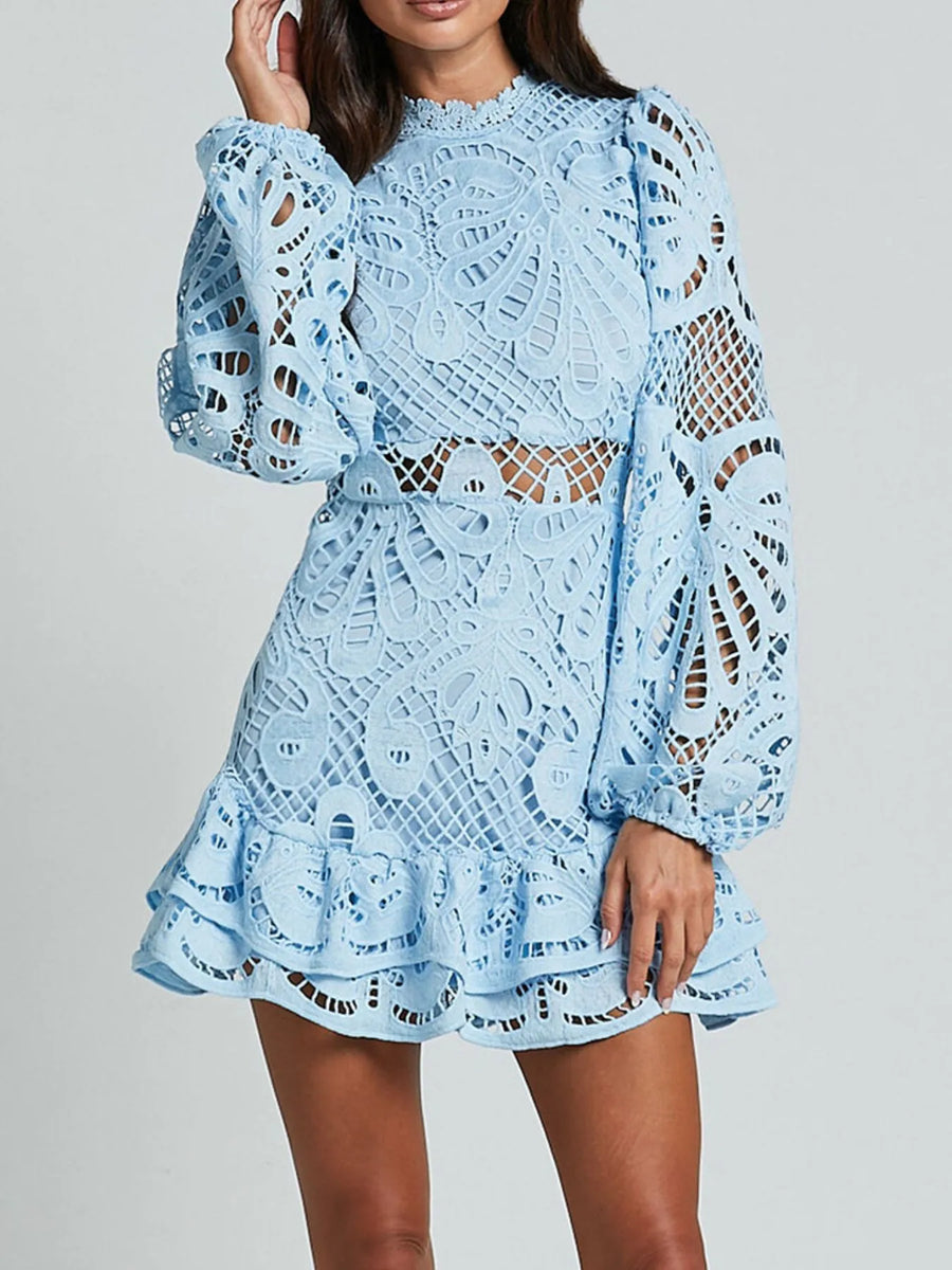 Babe Beachwear light blue lace mini dress with long sleeves and ruffled hem for cocktail events