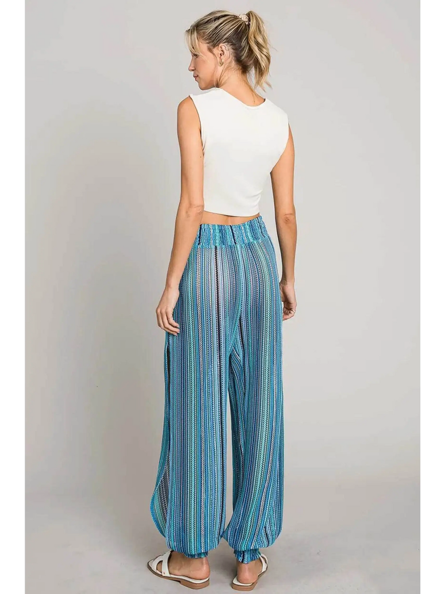 Babe Beachwear blue lightweight open leg beach pants with striped pattern and elastic waist