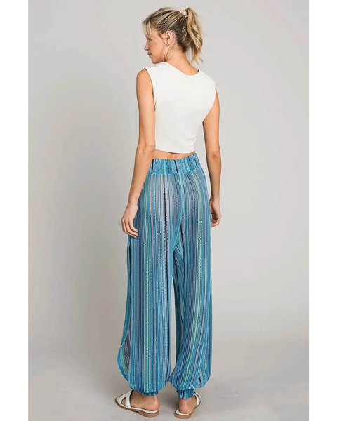 Babe Beachwear blue lightweight open leg beach pants with striped pattern and elastic waist
