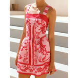 Trendsi red and pink patterned mini dress with wide straps and fitted waist