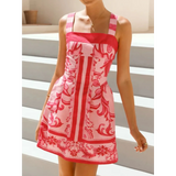 Trendsi pink patterned mini dress with wide straps and square neckline, short length summer style