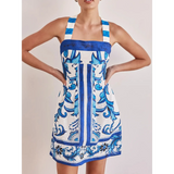 Trendsi blue mini dress with white and blue floral pattern and wide shoulder straps