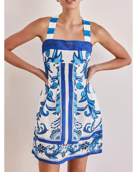 Trendsi blue mini dress with white and blue floral pattern and wide shoulder straps