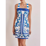 Trendsi blue mini dress with white and blue intricate floral and stripe design and wide shoulder straps