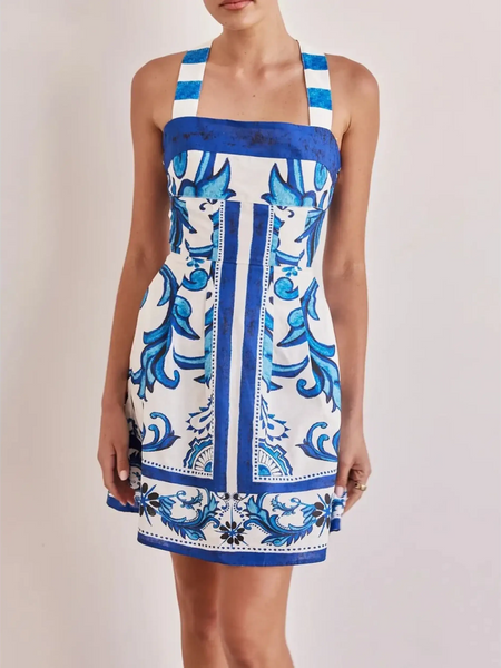 Trendsi blue mini dress with white and blue intricate floral and stripe design and wide shoulder straps