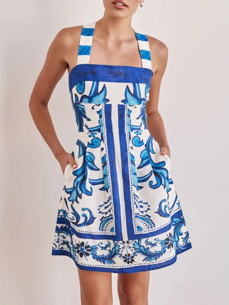 Trendsi blue mini dress with floral and geometric patterns and wide shoulder straps