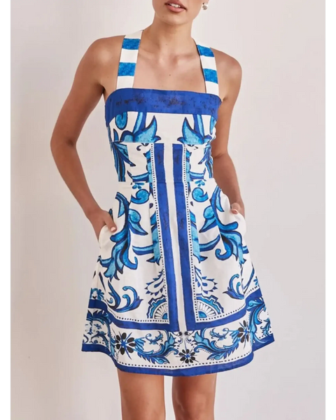 Trendsi blue mini dress with floral and geometric patterns and wide shoulder straps