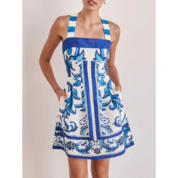 Trendsi blue mini dress with floral and geometric patterns and wide shoulder straps