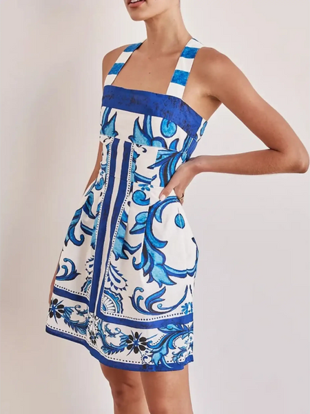 Trendsi blue mini dress with white and blue floral patterns and wide straps