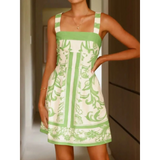 Trendsi mini dress in green and white with sleeveless square neckline and printed pattern
