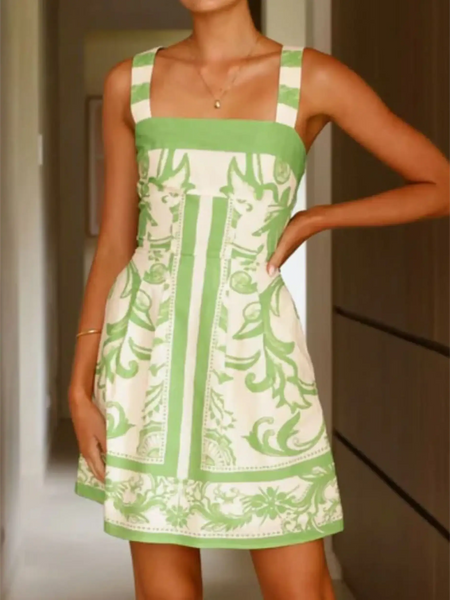 Trendsi mini dress in green and white with sleeveless square neckline and printed pattern