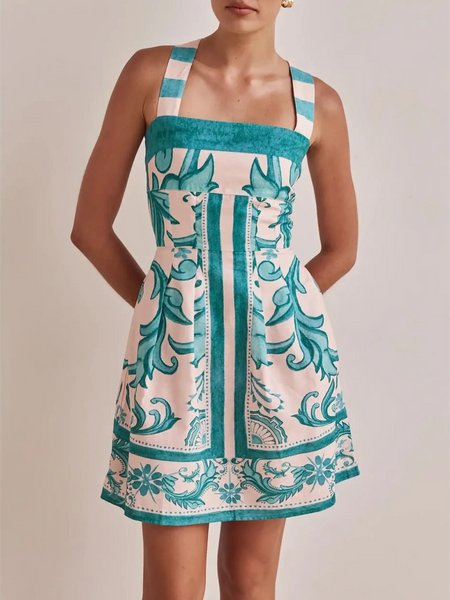 Trendsi blue mini dress with intricate floral and abstract patterns and wide straps