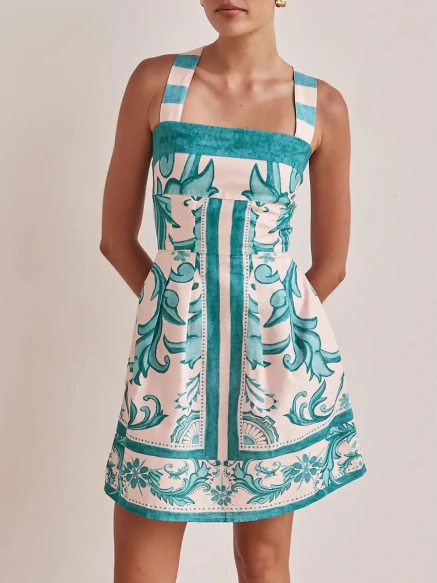 Trendsi blue mini dress with wide straps and intricate floral pattern design