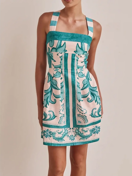 Trendsi blue mini dress with floral and geometric patterns and wide straps