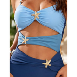 Trendsi blue one piece swimsuit with cutouts featuring starfish embellishments and three shades of blue
