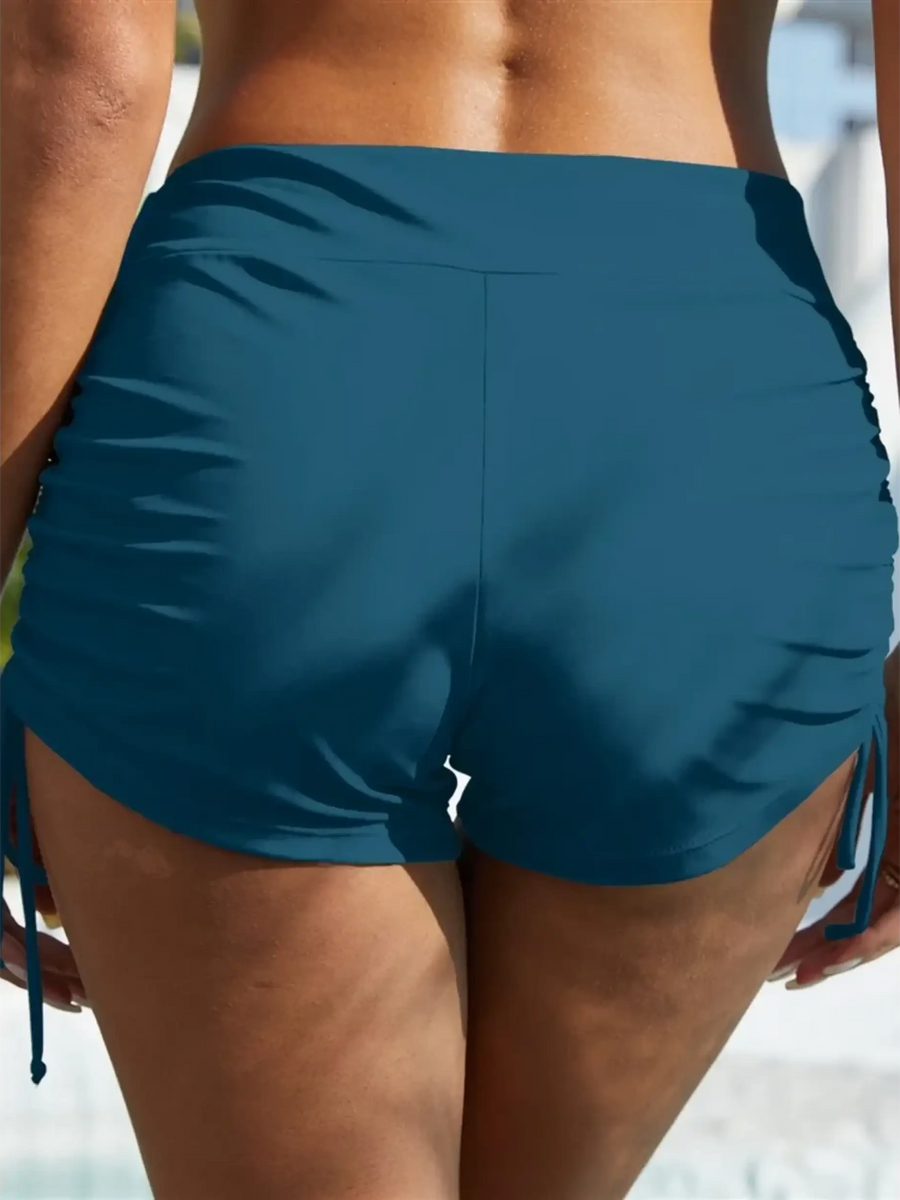 Beach Babes blue swim shorts with ruched sides and drawstrings, tankini swim bottoms for women