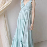 Trendsi women's resort maxi dress in light blue with ruffle sleeves and tiered skirt design