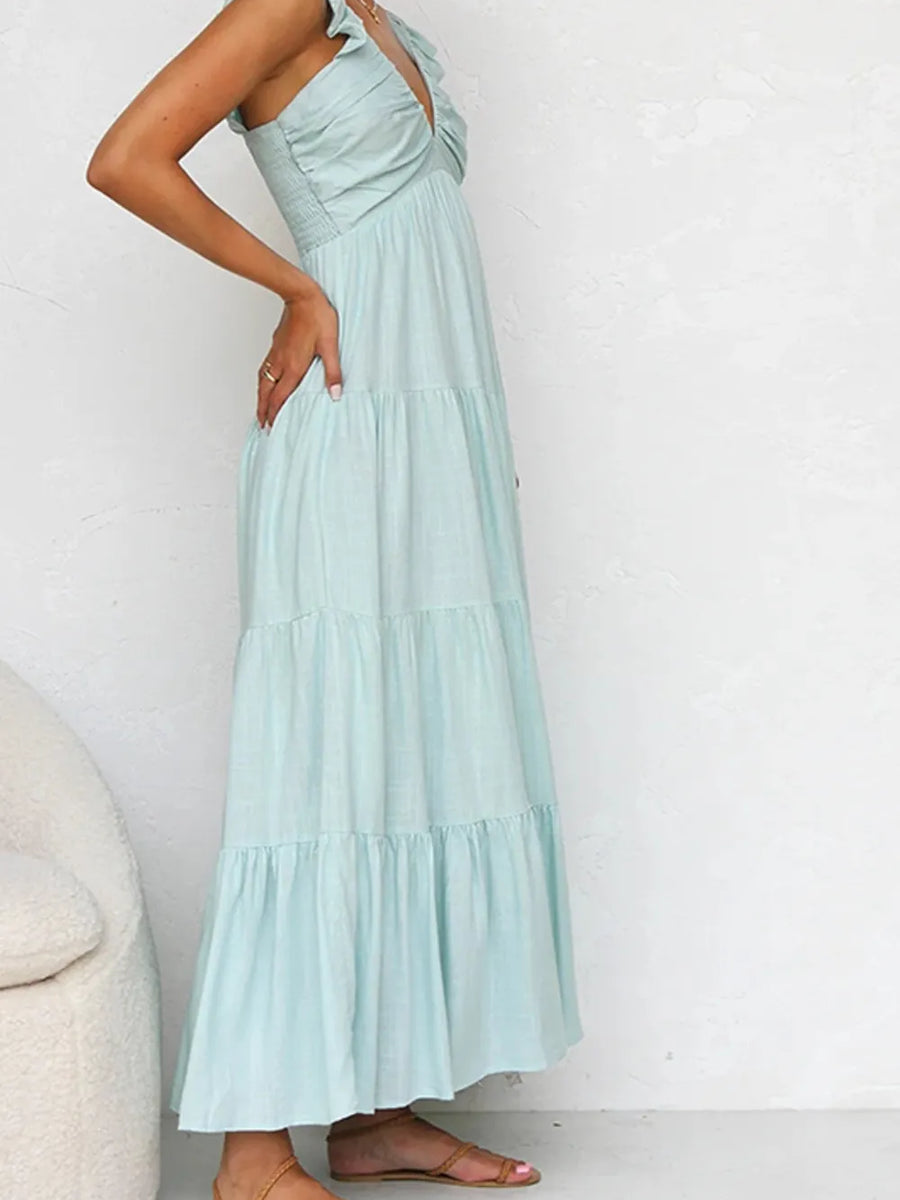 Trendsi women's resort maxi dress in light blue tiered fabric with ruffle shoulder straps