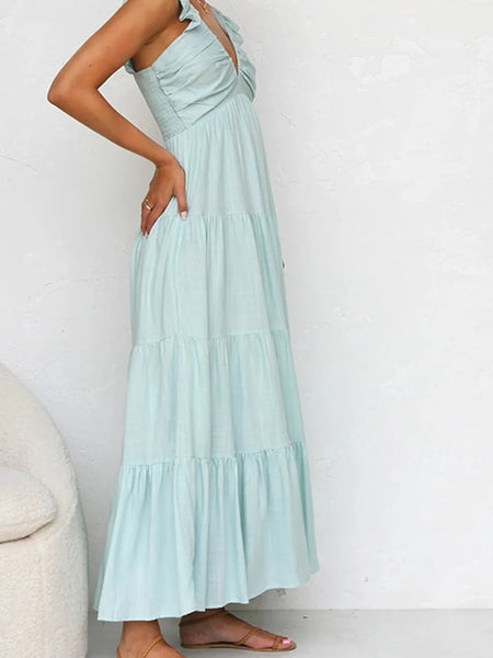 Trendsi women's resort maxi dress in light blue tiered fabric with ruffle shoulder straps