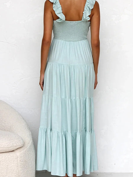 Trendsi women's resort maxi dress in light blue with ruffled straps and tiered skirt design