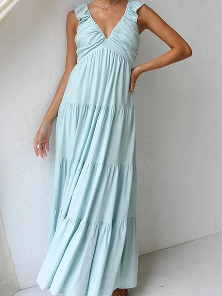 Trendsi women's resort maxi dress in light blue with tiered skirt and ruffle straps