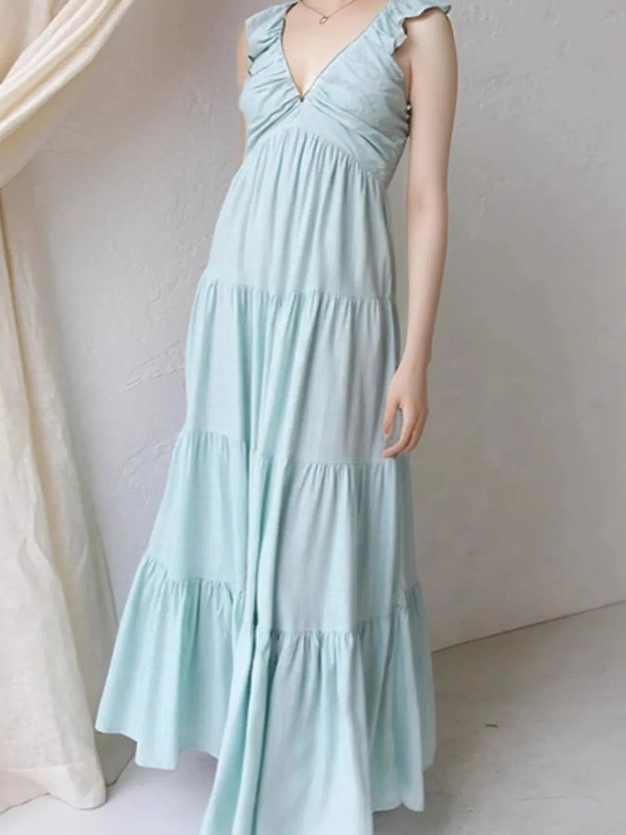 Trendsi women's resort maxi dress in light blue with tiered skirt and ruffled shoulder straps