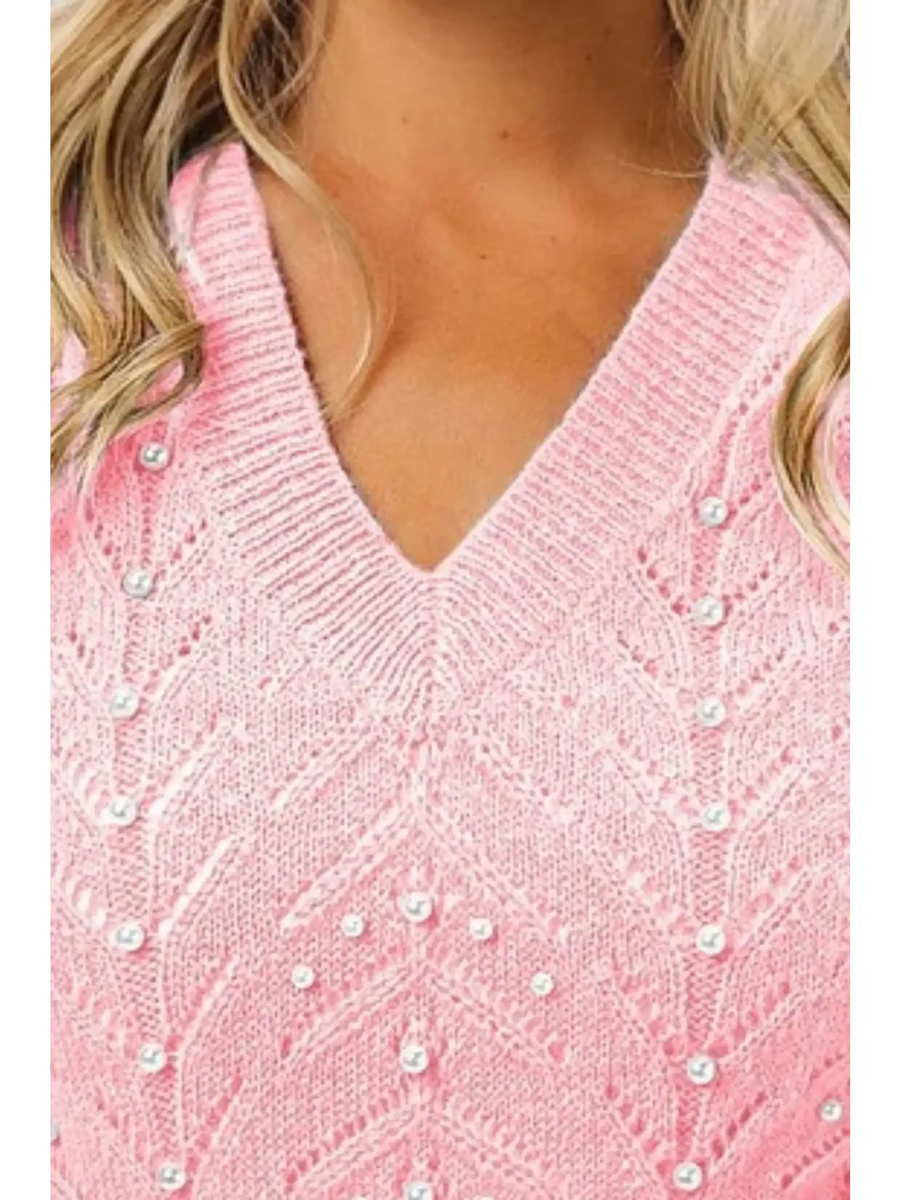 Trendsi blush pink sleeveless blouse with V-neck and pearl embellishments on knit fabric