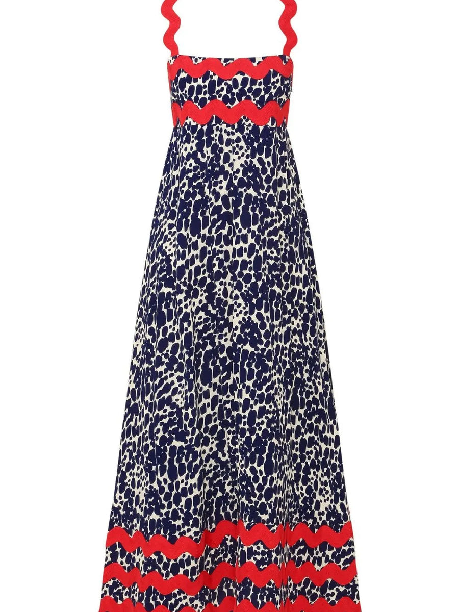 Trendsi boho beach maxi dress with navy and white animal print and red wavy trim details
