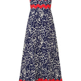 Trendsi boho beach maxi dress with navy and white animal print and red wavy trim details