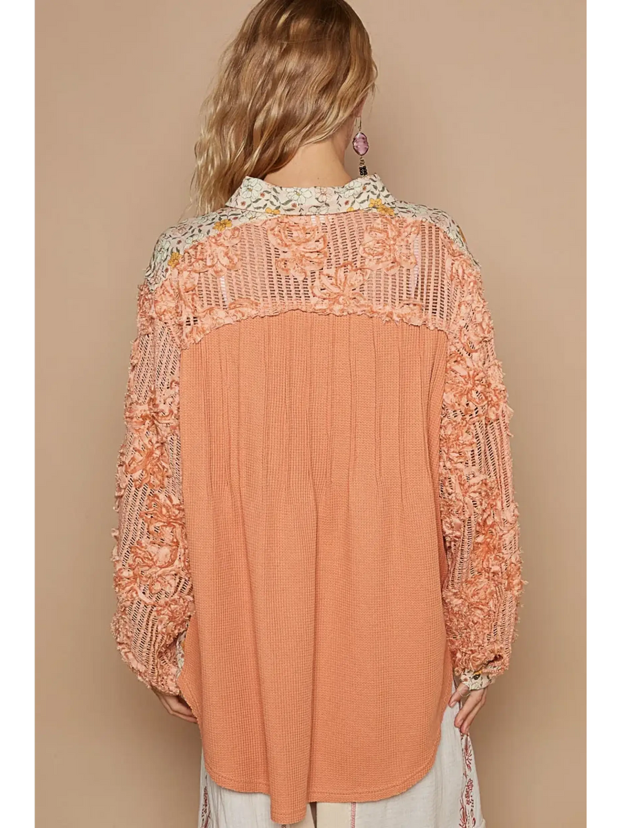 Trendsi long sleeve shirt in peach with floral knit design perfect as boho beachwear tops for women