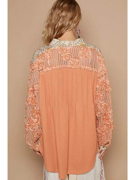 Trendsi long sleeve shirt in peach with floral knit design perfect as boho beachwear tops for women