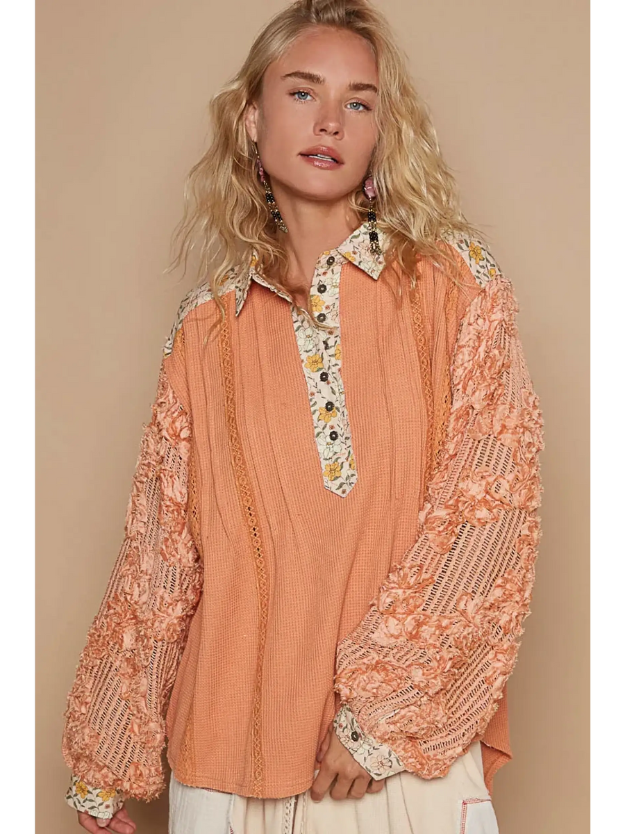 Trendsi long sleeve shirt with floral collar and textured peach sleeves boho beachwear tops for women