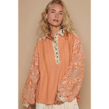 Trendsi long sleeve shirt with floral collar and textured peach sleeves boho beachwear tops for women