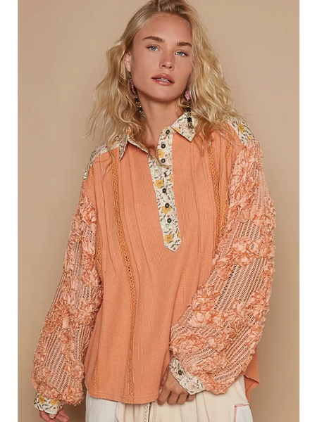 Trendsi long sleeve shirt with floral collar and textured peach sleeves boho beachwear tops for women