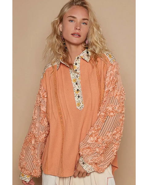 Trendsi long sleeve shirt with floral collar and textured peach sleeves boho beachwear tops for women