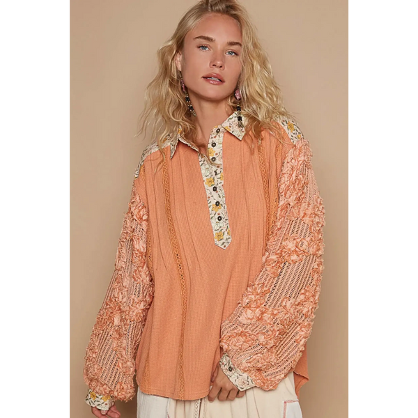 Trendsi long sleeve shirt with floral collar and textured peach sleeves boho beachwear tops for women
