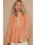 Trendsi long sleeve shirt with floral collar and textured peach sleeves boho beachwear tops for women