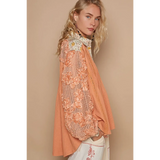 Trendsi long sleeve shirt with floral lace sleeves and boho beachwear tops for women style