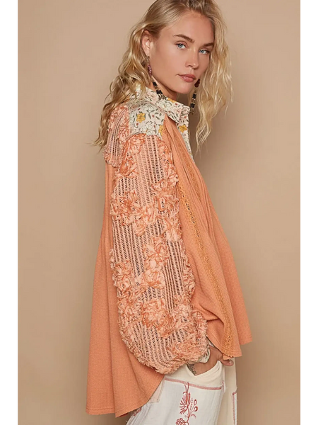Trendsi long sleeve shirt with floral lace sleeves and boho beachwear tops for women style