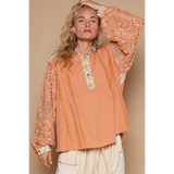 Trendsi long sleeve shirt with lace sleeves and floral collar, perfect boho beachwear tops for women